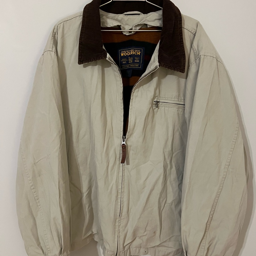 Woolrich Men's Light Tan Jacket with Dark Brown Collar